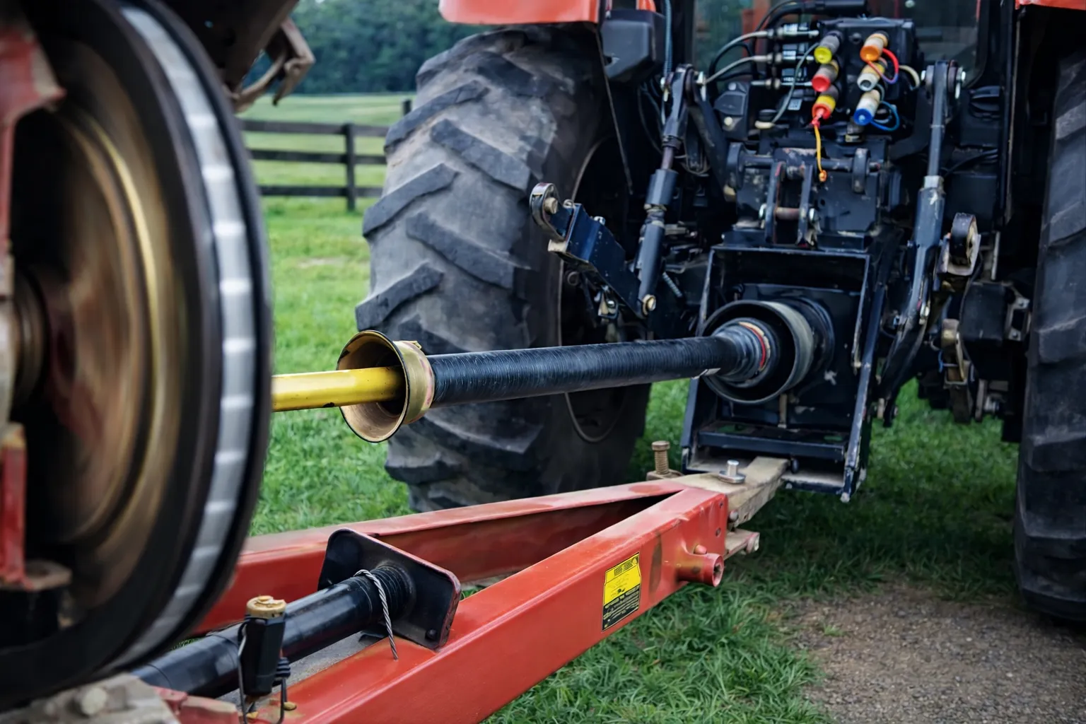 Tractor PTO drive shaft powering an agricultural boom sprayer